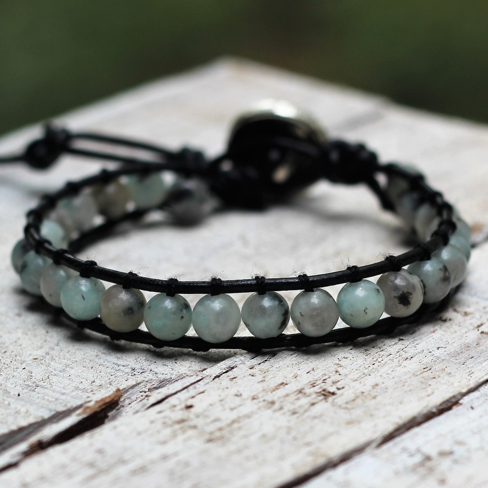 Leather Kiwi Jasper Gemstone Bracelet